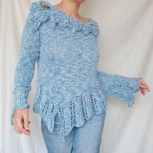 Light Blue Knitted Y2K Ruffled Relaxed Sweater